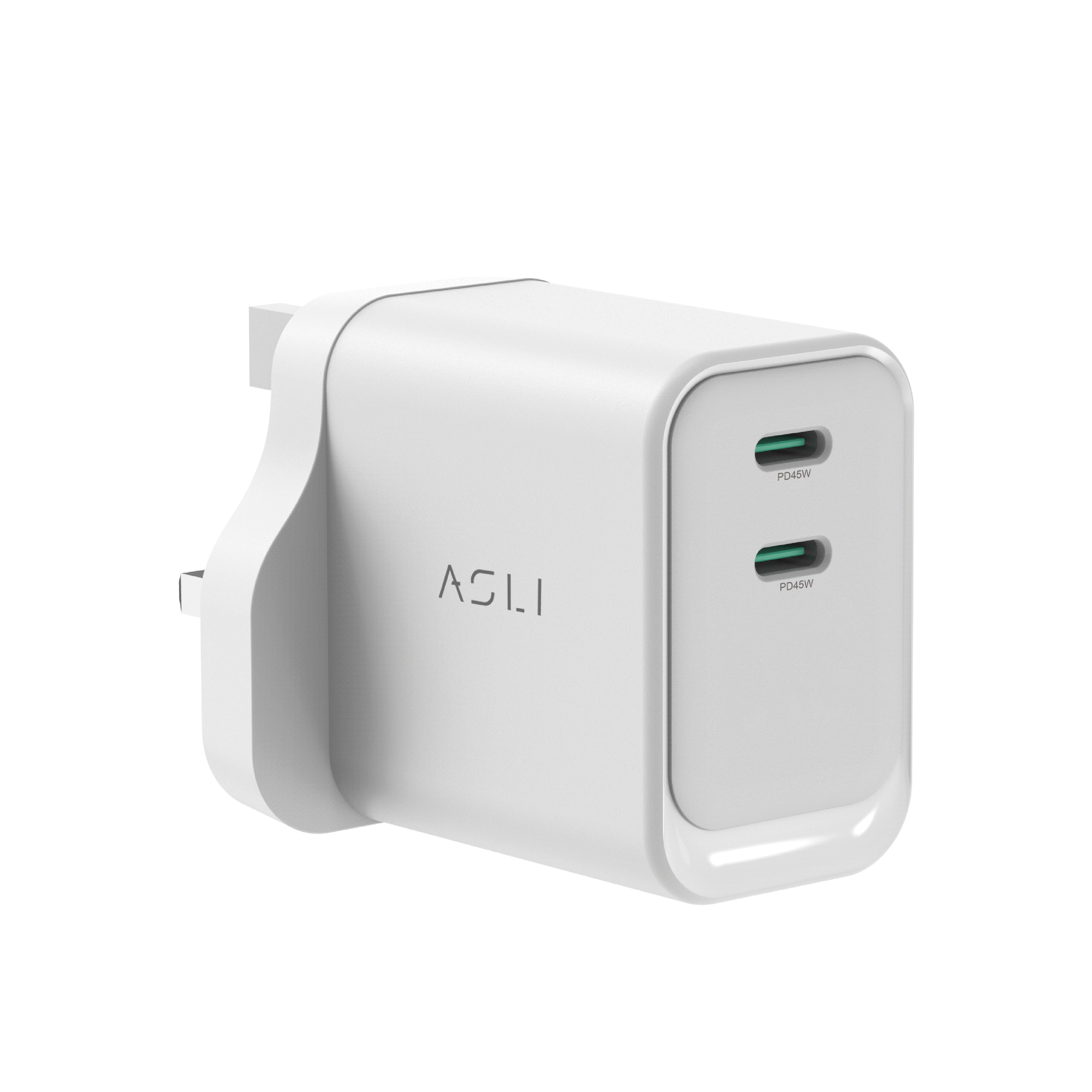 شاحن حائط فائق السرعة من أسلي جلوبال بتقنية GaN , PD ثنائي المنفذ USB-C | أبيض شاحن حائط فائق السرعة من أسلي جلوبال بتقنية GaN , PD ثنائي المنفذ USB-C | أبيض